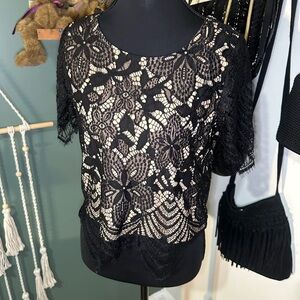 Express Black Lace Cropped Top Grunge Sheer Layering Tee Size Small